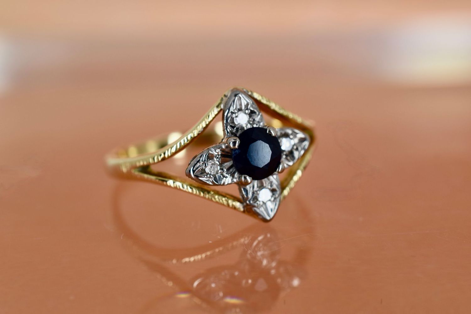 18ct Yellow and White Gold Sapphire and Diamond Floral Split Shoulder Ring