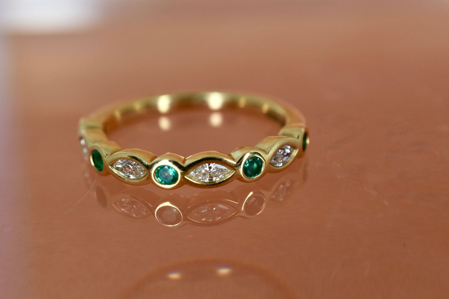 18ct Yellow Gold Diamond and Emerald Rub-Over set eternity ring