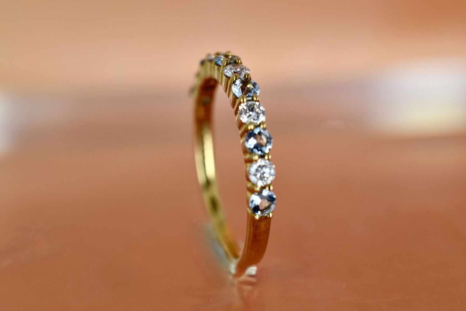 9ct Yellow Gold Claw set Round Cut Aquamarine and Diamond Eternity ring