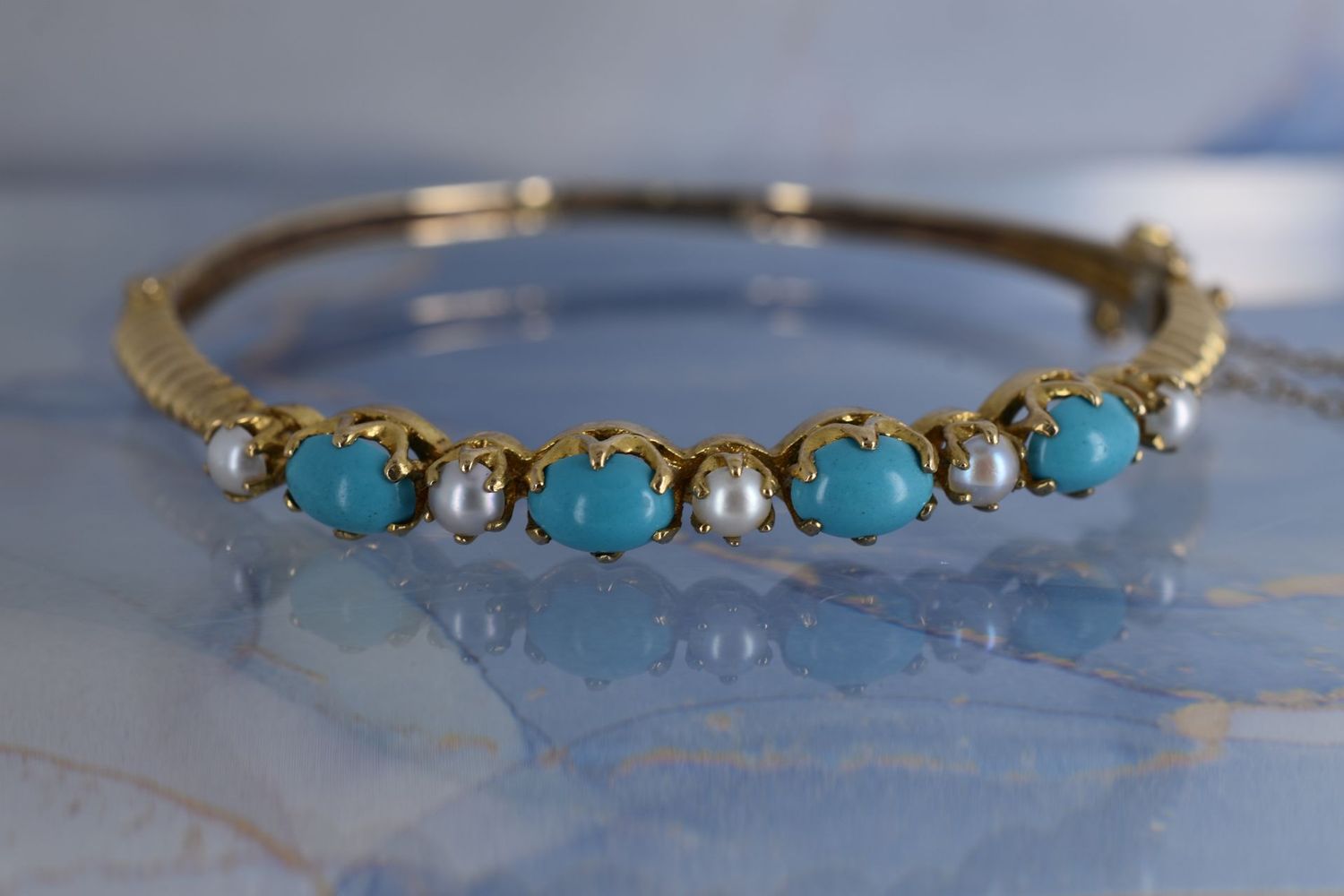 9ct Yellow Gold Turquoise and Pearl Oval Hinged Bangle