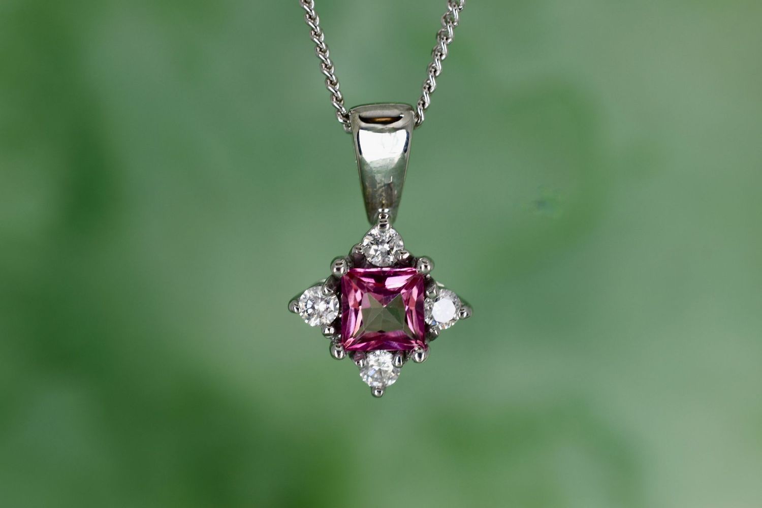 9ct White Gold Pink Tourmaline and Diamond Pendant