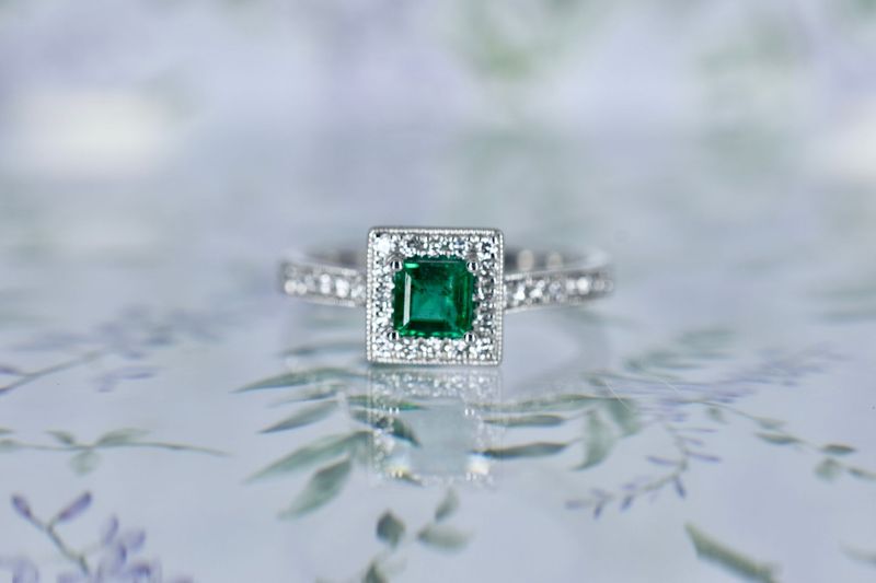 Platinum Princess cut Emerald and Diamond halo cluster ring with Diamond Shoulders