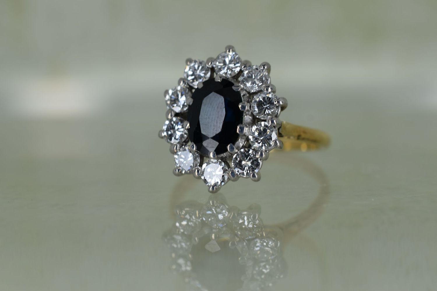 18ct Yellow gold & Platinum Oval Sapphire and Diamond Cluster Ring