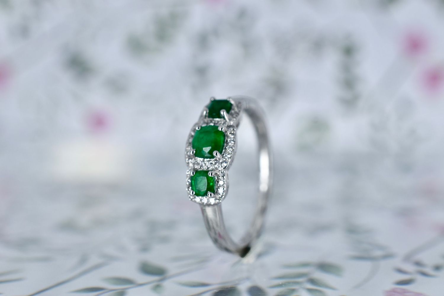 Platinum Emerald & Diamond Triple Halo Cluster Ring