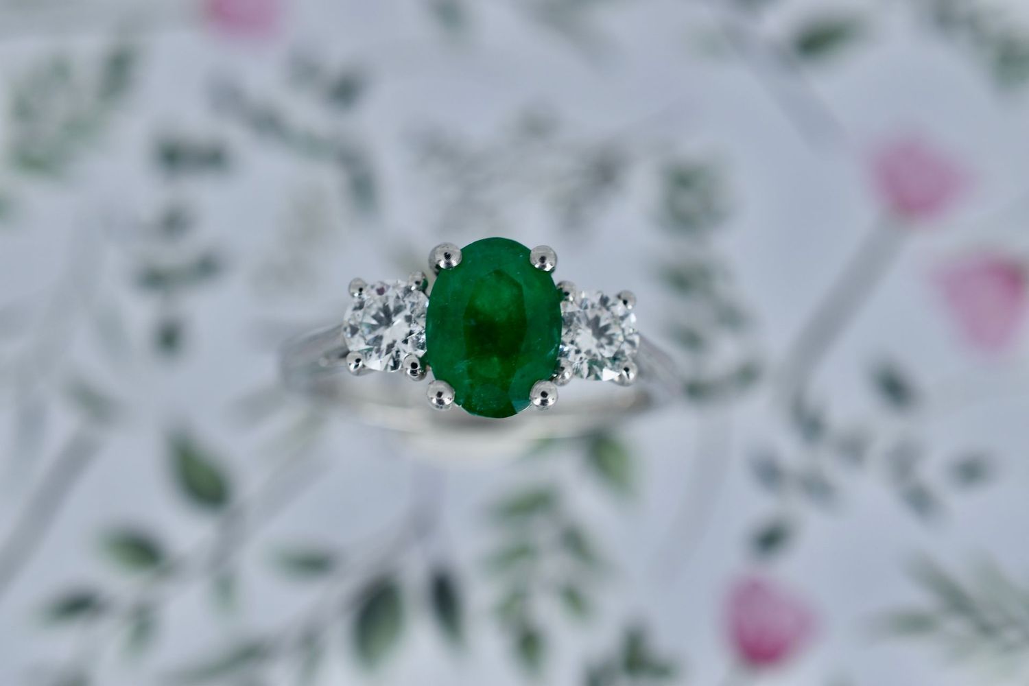 Platinum Oval Emerald & Diamond Trilogy Ring