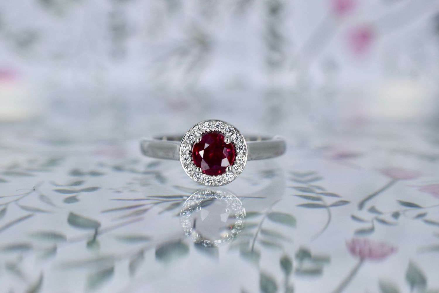 Platinum Round Brilliant cut Ruby & Diamond Halo Cluster Ring