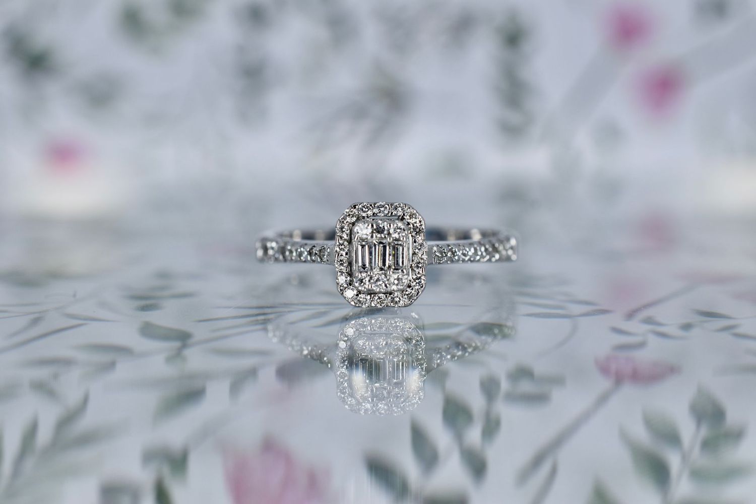 14ct White Gold Illusion Set Diamond Emerald Shaped Cluster Ring with Diamond Shoulders
