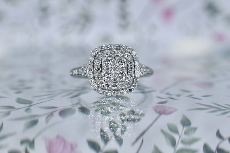 9ct White Gold Double Diamond Halo Cluster Ring