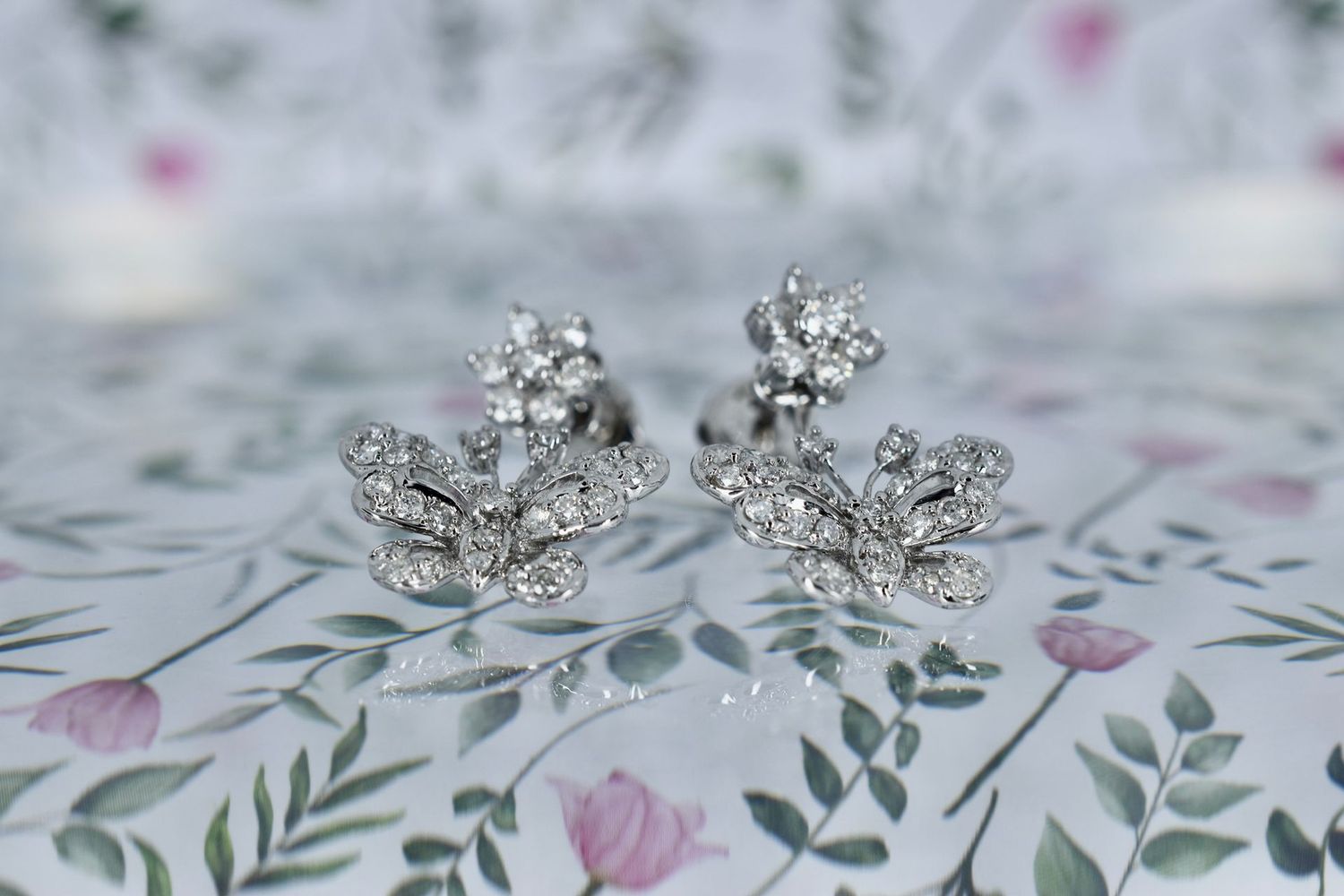 9ct White Gold Diamond Floral & Butterfly Drop Earrings