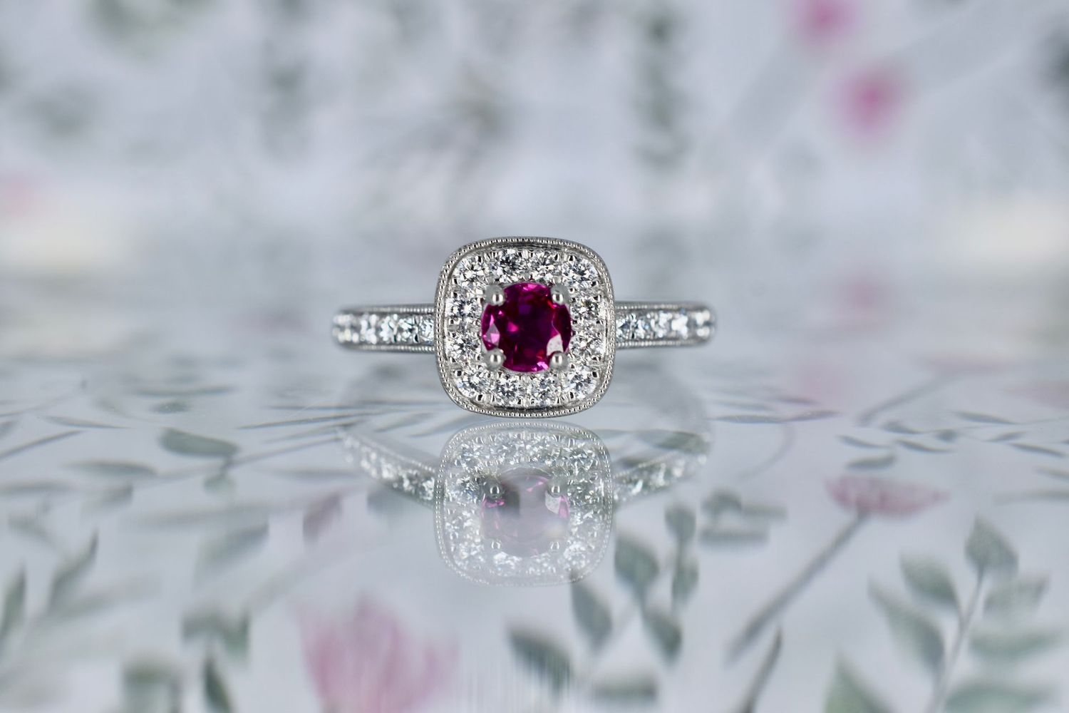 Platinum Ruby & Diamond Halo Cluster with Diamond Shoulders