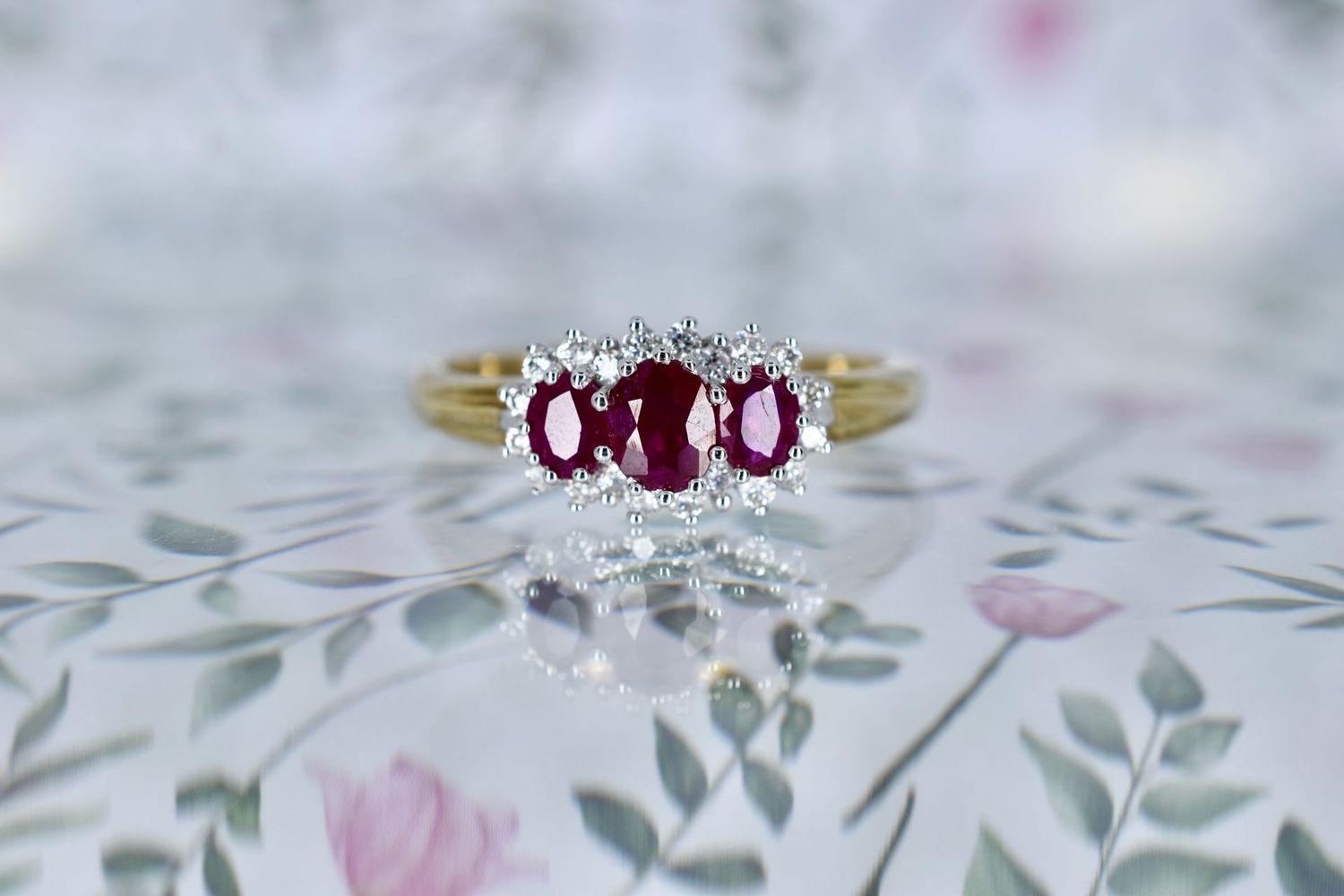 9ct Yellow gold Oval Ruby & Diamond Triple Halo cluster ring