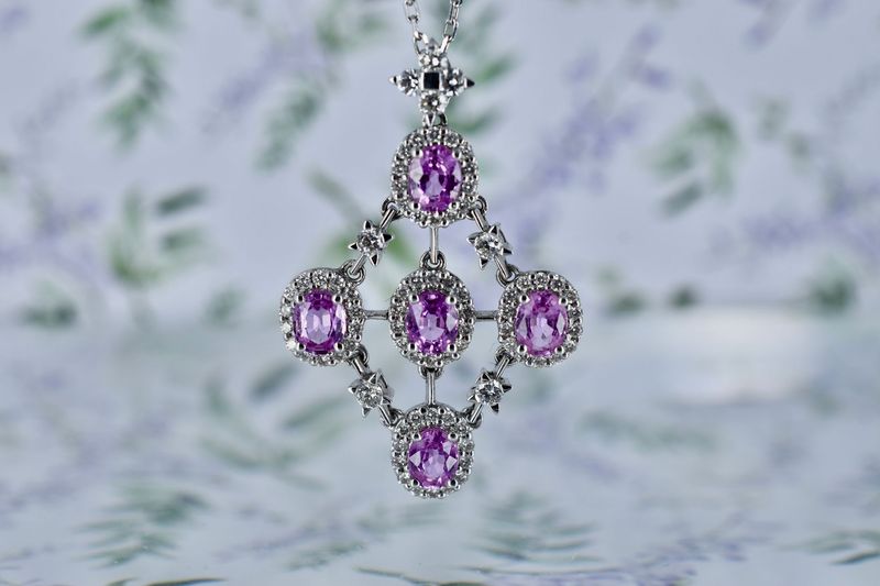 18ct White Gold Pink Sapphire & Diamond Antique Inspired Necklace