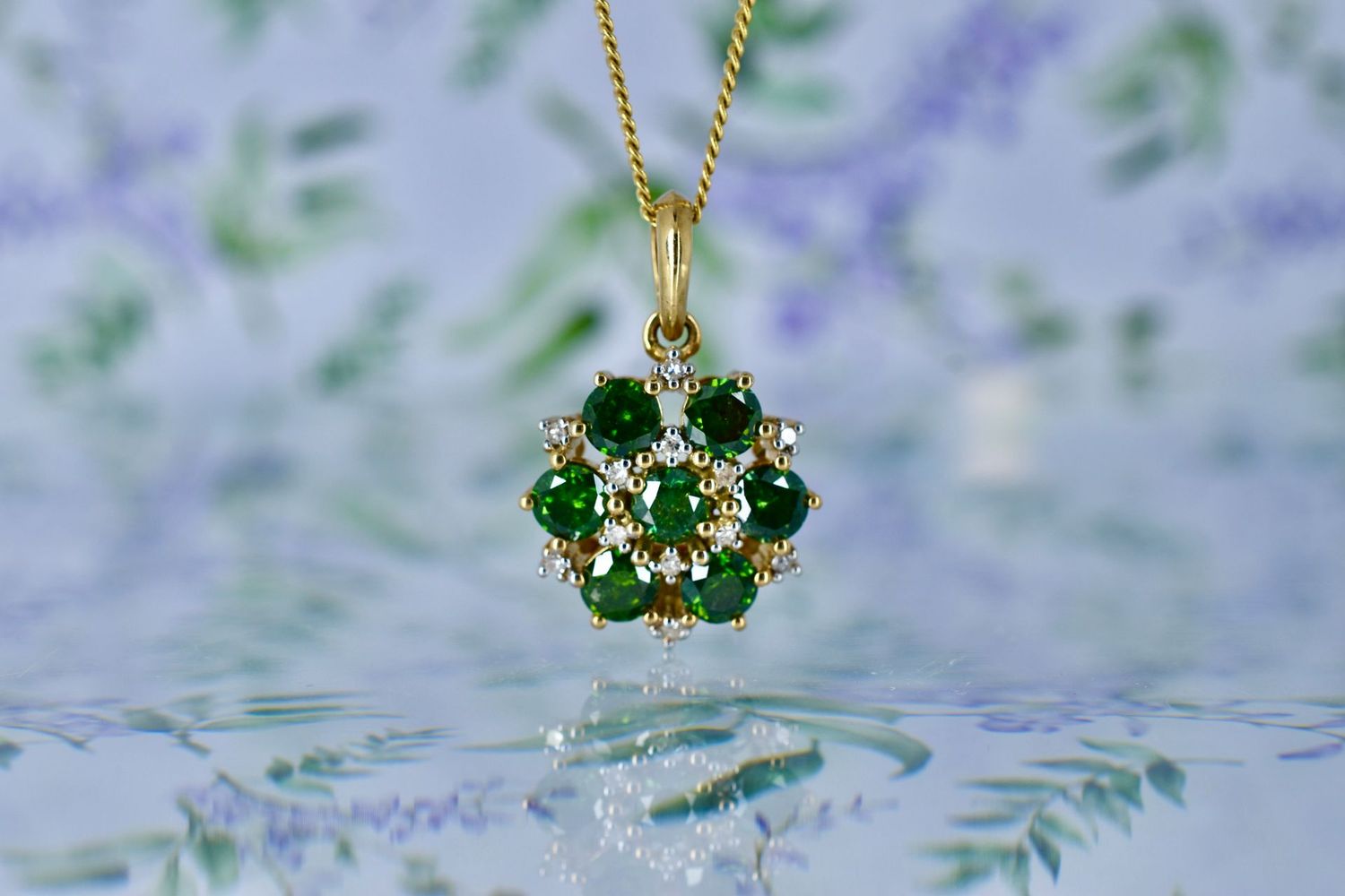 9ct Yellow Gold Green Sapphire & Diamond Floral Pendant on 20" Chain