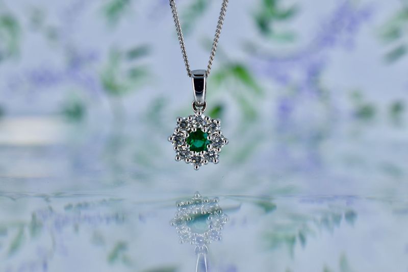 18ct White Gold Emerald & Diamond Floral Cluster Pendant on 18" Chain