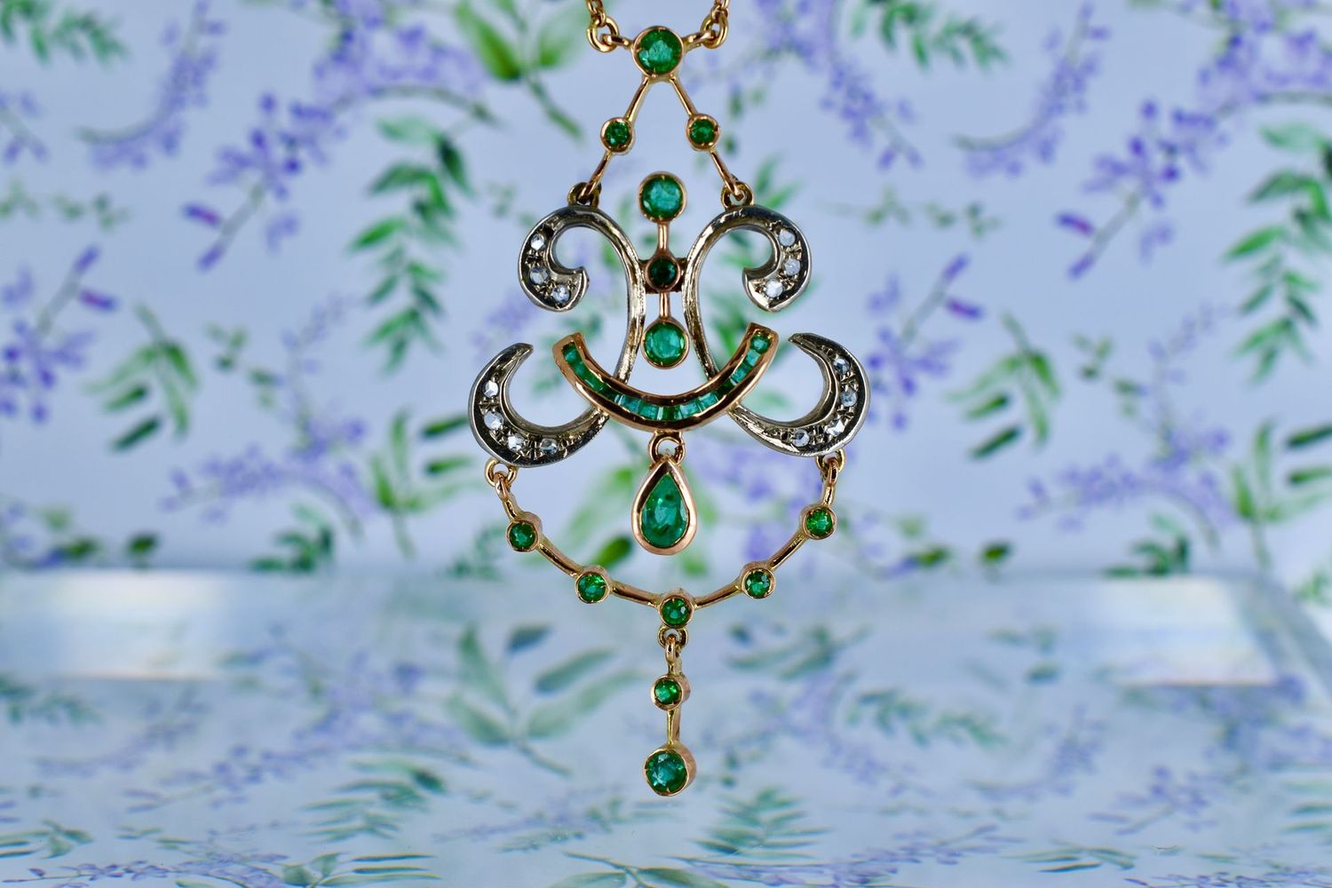 Antique 14ct Rose Gold & Platinum Emerald and Diamond Necklace