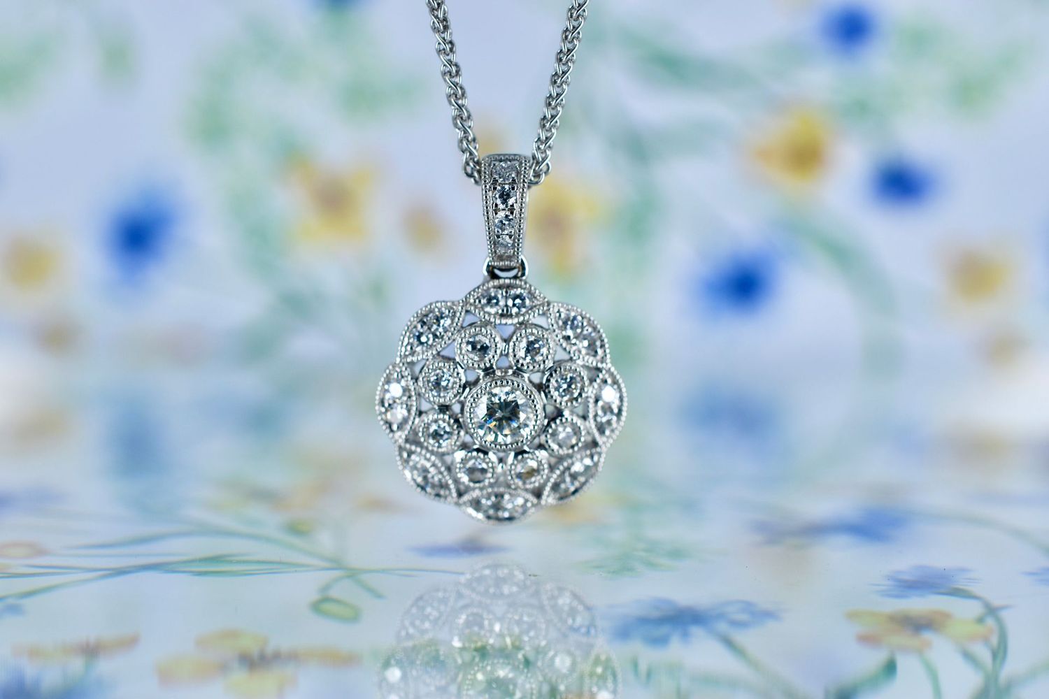 18ct White Gold Pave Diamond with Milgrain detail Cluster Pendant on a 16" Chain.