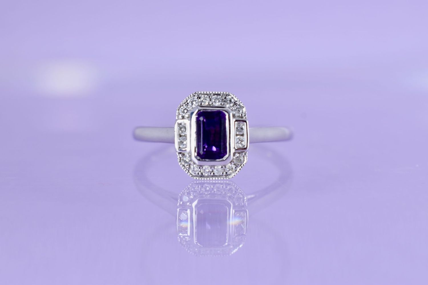 9ct White Gold Emerald cut Amethyst & Diamond Halo Cluster Ring