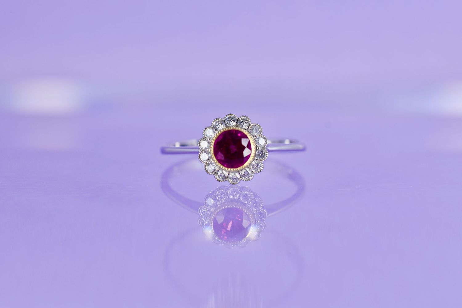 18ct White & Yellow Gold Ruby & Diamond Halo Cluster Ring