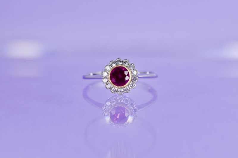 18ct White & Yellow Gold Ruby & Diamond Halo Cluster Ring