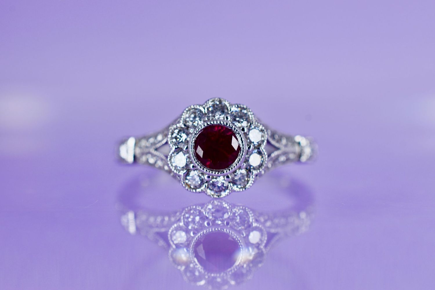 18ct White Gold Vintage Inspired Ruby & Diamond Halo Cluster Ring