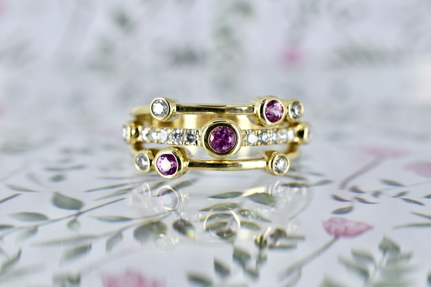 9ct Yellow Gold Pink Sapphire & Diamond Set Bubble Ring