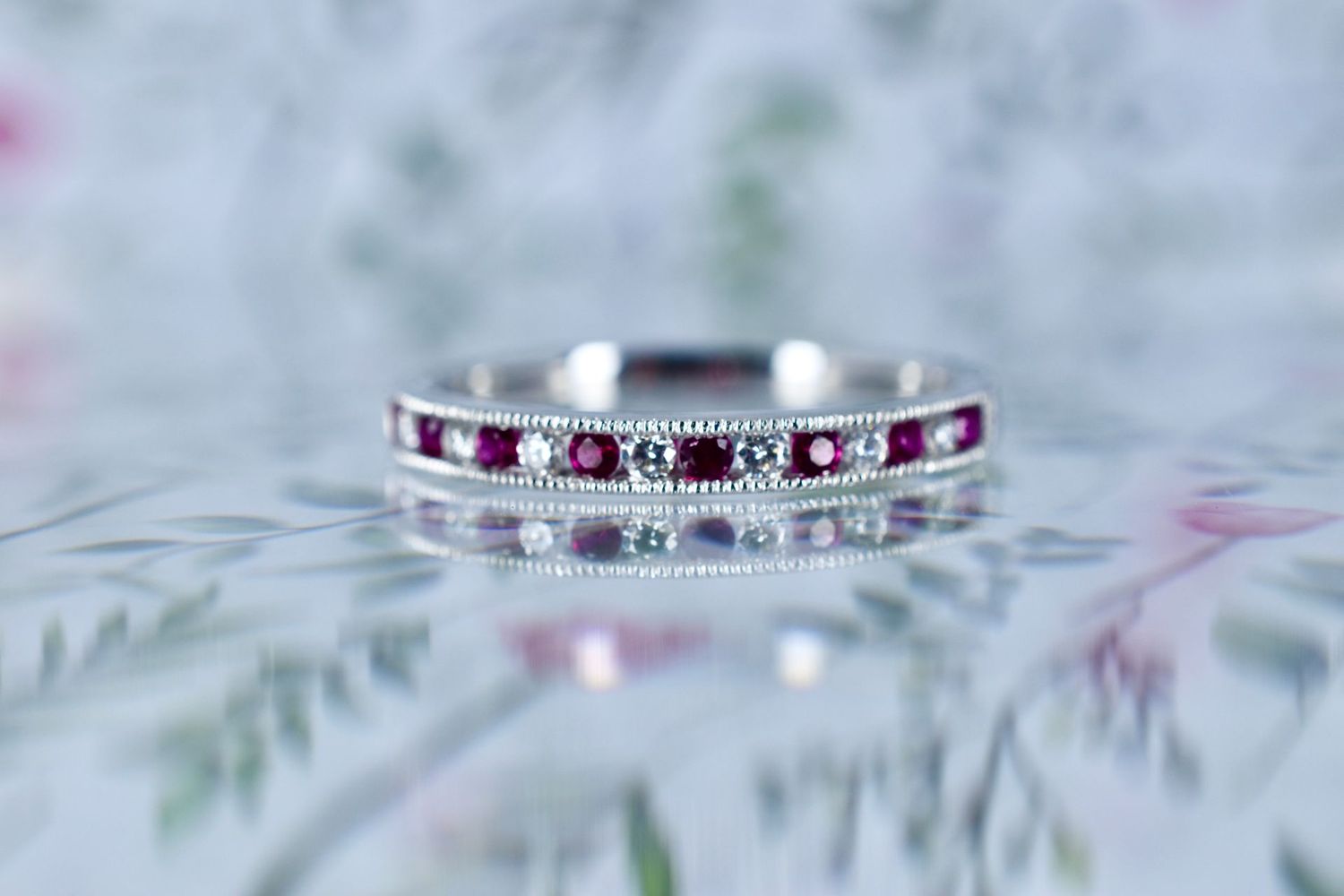 18ct White Gold Ruby & Diamond Eternity Ring with Milgrain Detail