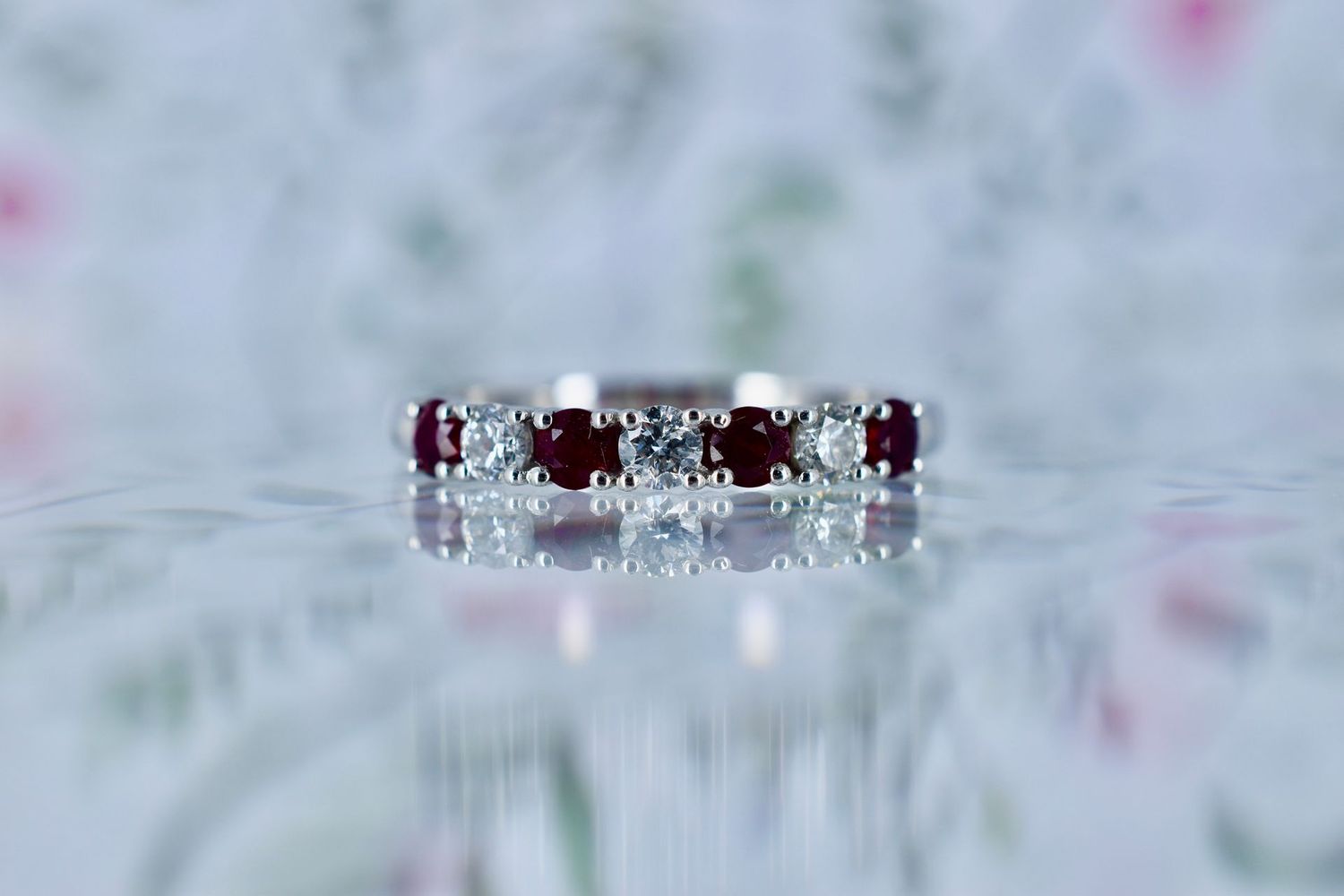 Platinum Seven Stone Ruby & Diamond Claw set Eternity Ring