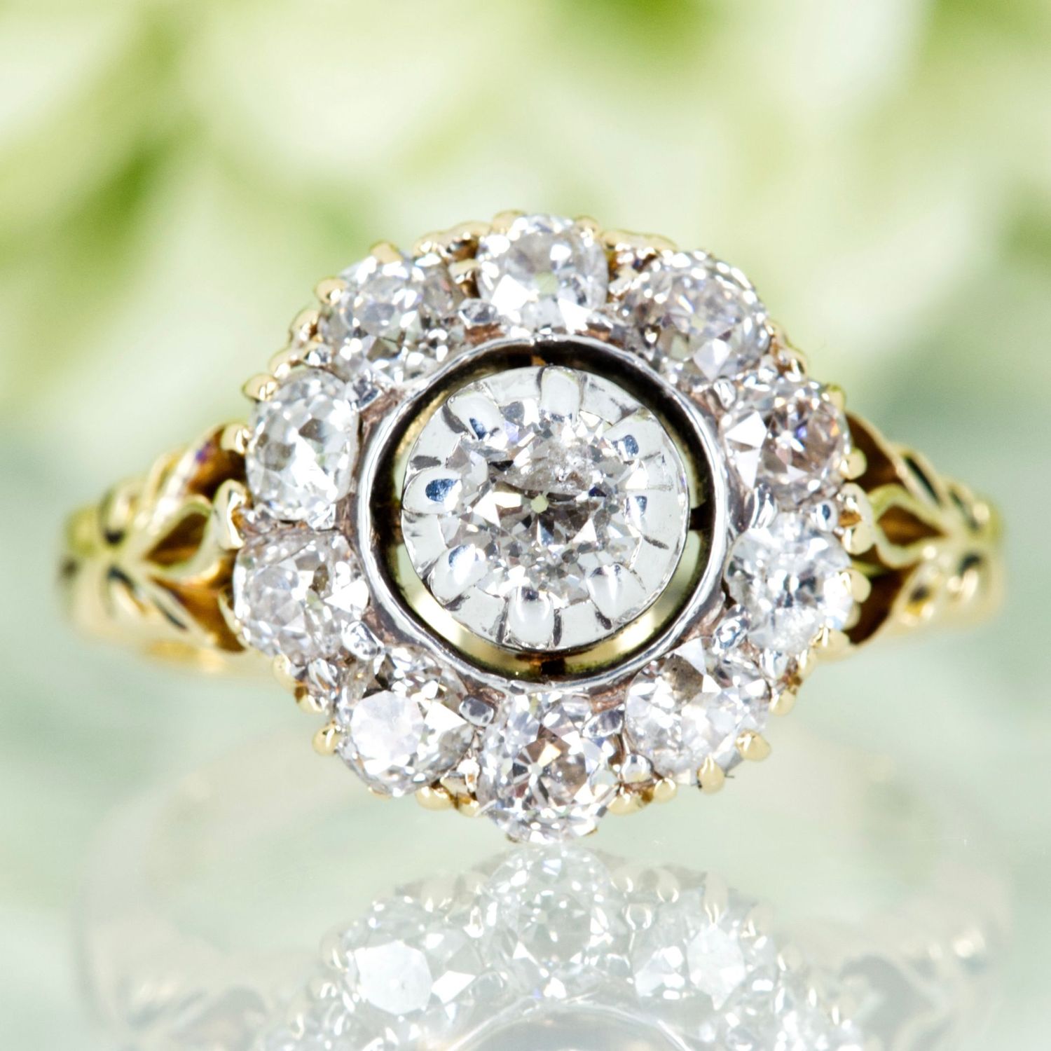 Pre-Loved 14ct Yellow & White Gold Round Cut Diamond Halo Cluster Ring
