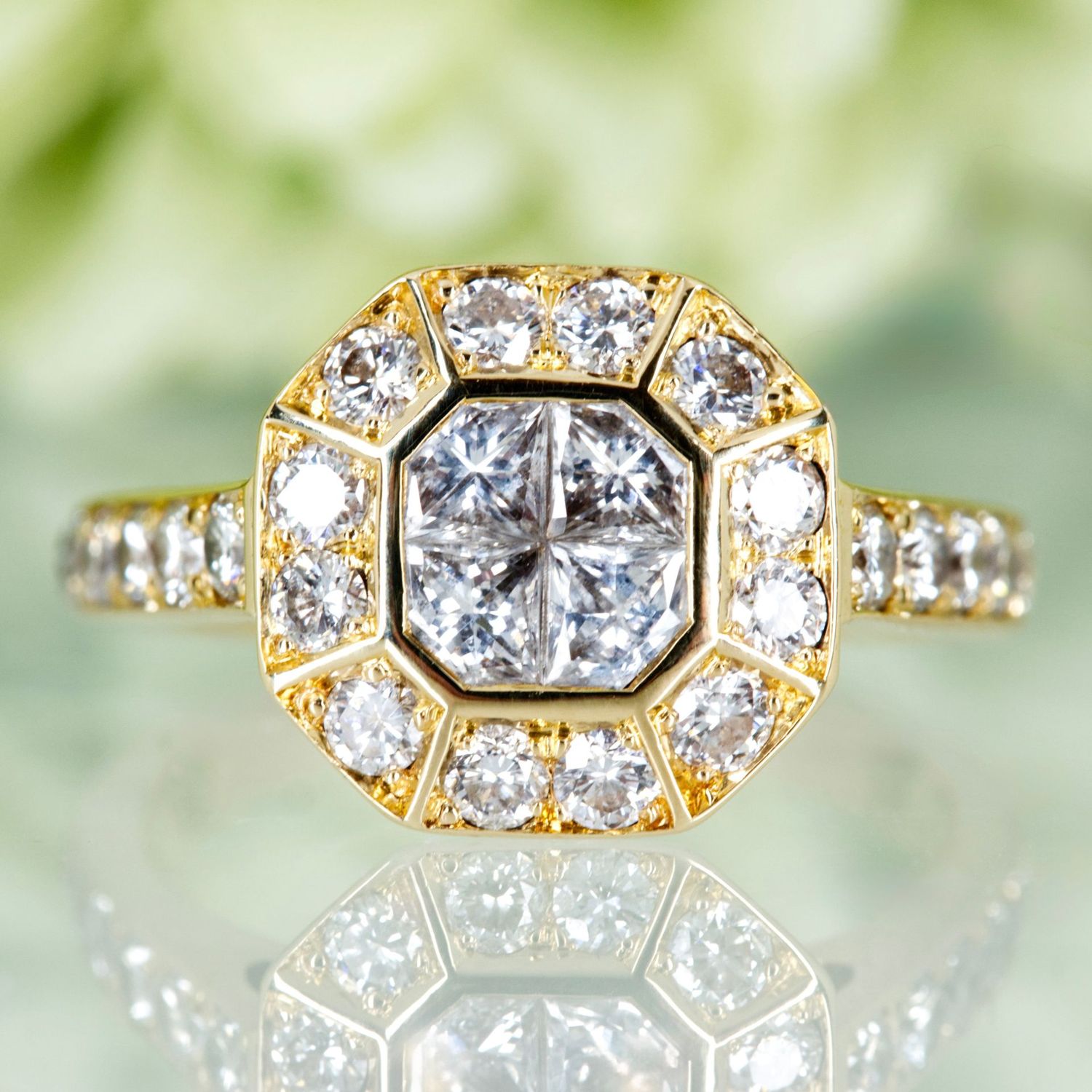 Pre-Loved 18ct Yellow Gold Art Deco Inspired Diamond Illusion Set Cluster Ring