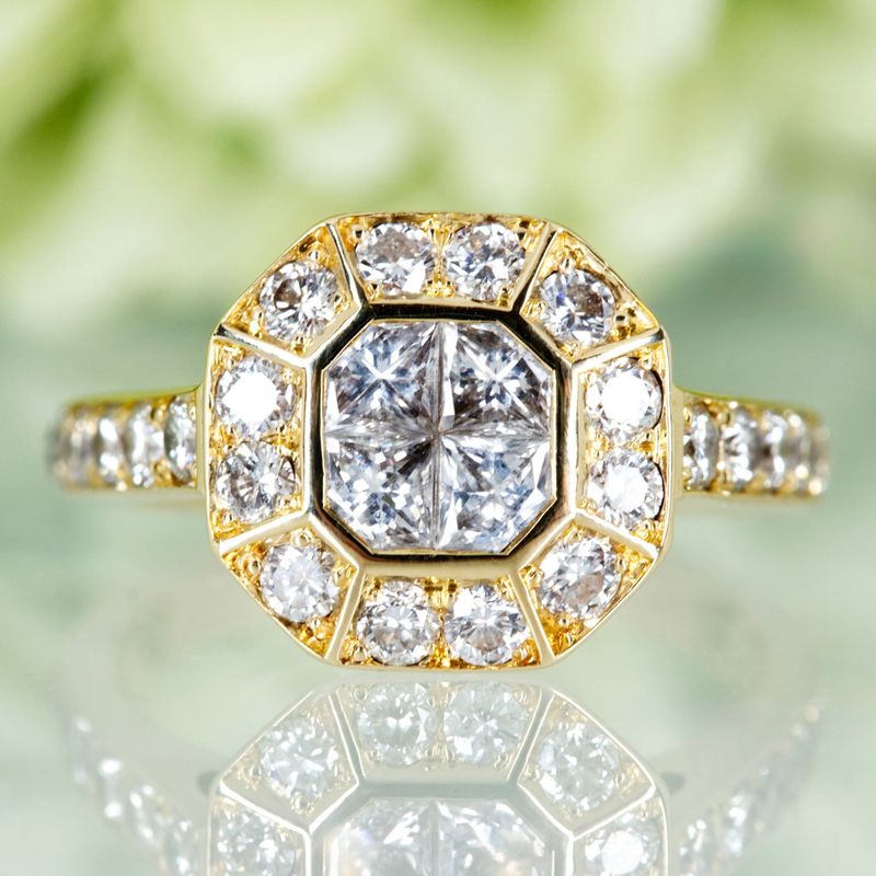 Pre-Loved 18ct Yellow Gold Art Deco Inspired Diamond Illusion Set Cluster Ring