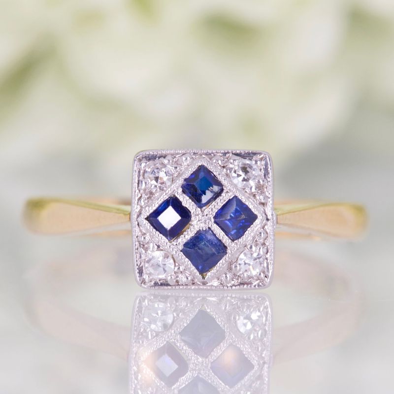 Pre-Loved 18ct Yellow Gold & Platinum Sapphire & Diamond Art Deco Ring