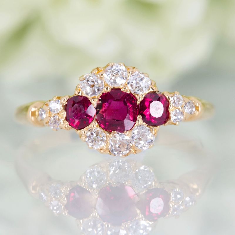 Antique 18ct Yellow Gold Ruby & Diamond Triple Cluster Ring