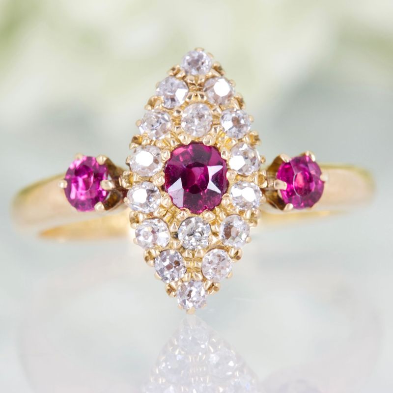 Antique 18ct Yellow Gold Ruby & Diamond Marquise Shaped Cluster Ring
