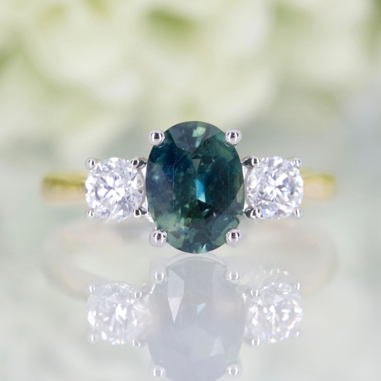 18ct Yellow & Platinum Teal Green Sapphire & Round Brilliant Cut Diamond Trilogy Ring