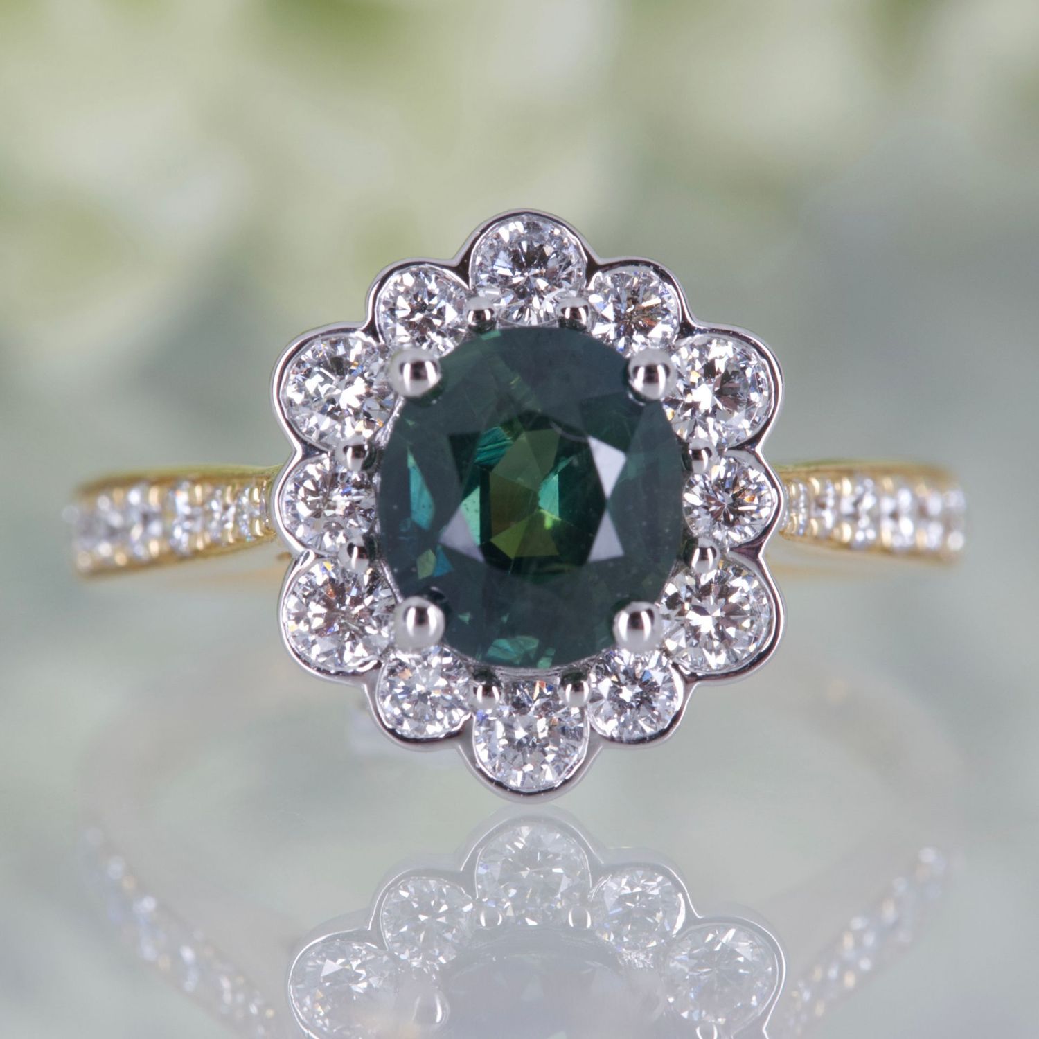 18ct Yellow Gold & Platinum Teal Green Sapphire & Diamond Halo Cluster Ring