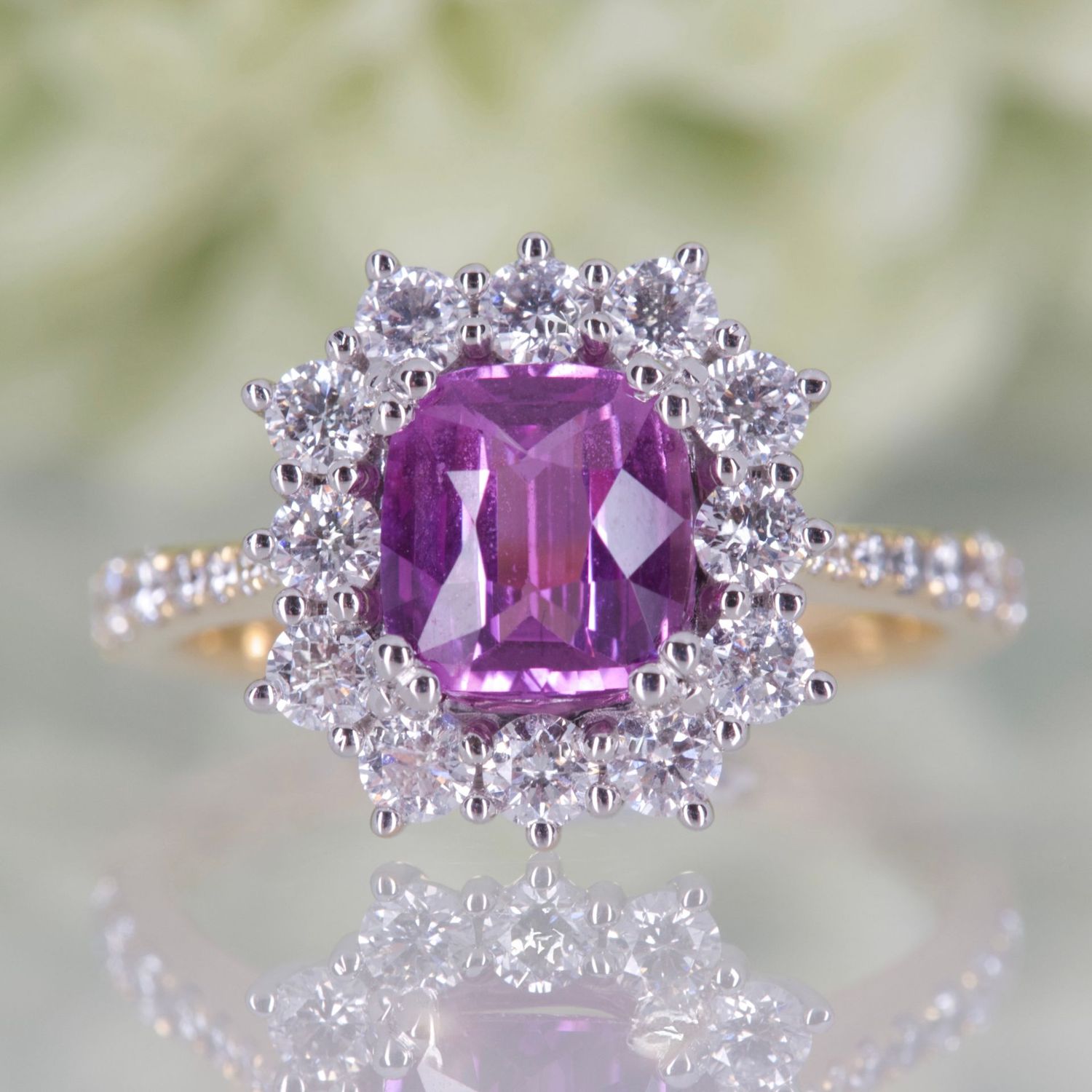 18ct Yellow Gold & Platinum Cushion Cut Purple Sapphire & Diamond Halo Cluster Ring