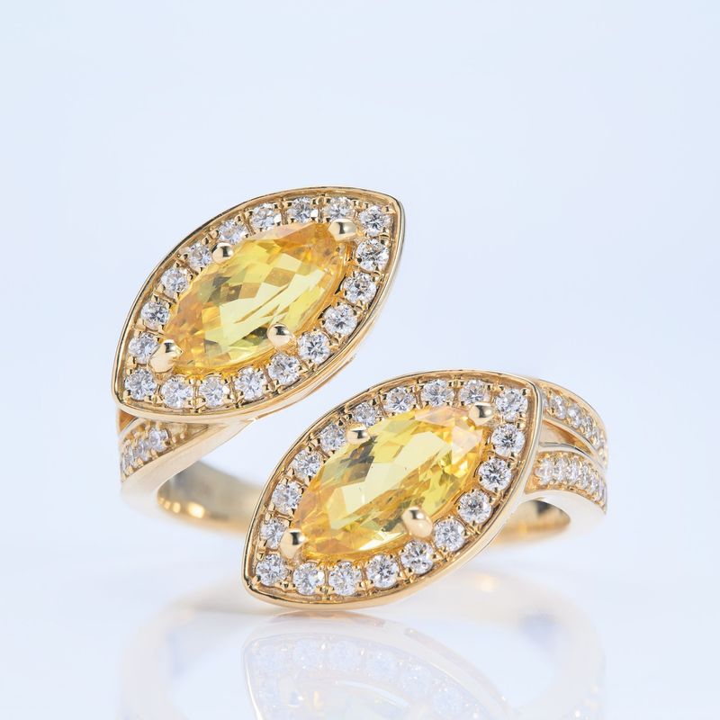 18ct Yellow Gold Yellow Sapphire & Diamond Marquise Cross-Over Ring