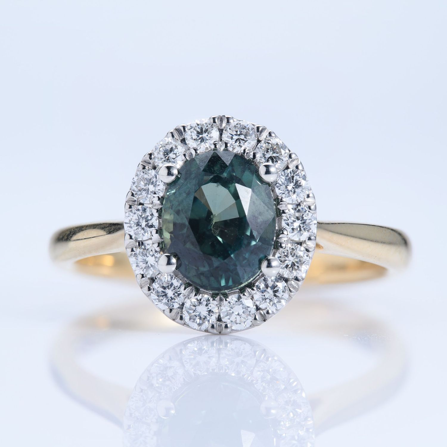 18ct Yellow Gold & Platinum Oval Teal Green Sapphire & Diamond Halo Ring