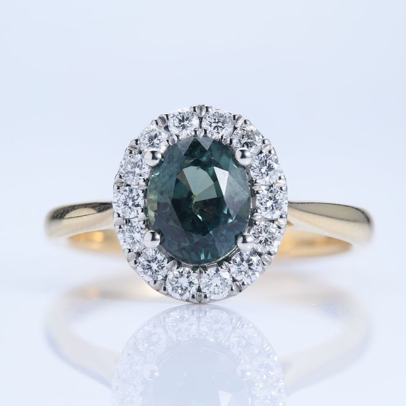 18ct Yellow Gold & Platinum Oval Teal Green Sapphire & Diamond Halo Ring
