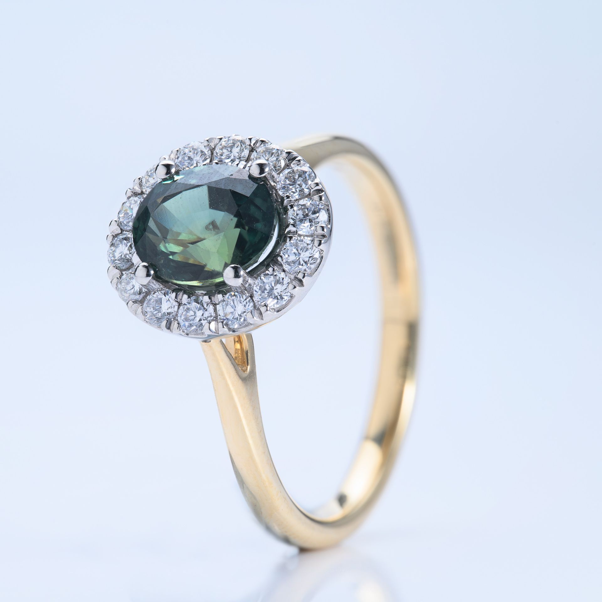 18ct Yellow Gold & Platinum Oval Teal Green Sapphire & Diamond Halo Ring