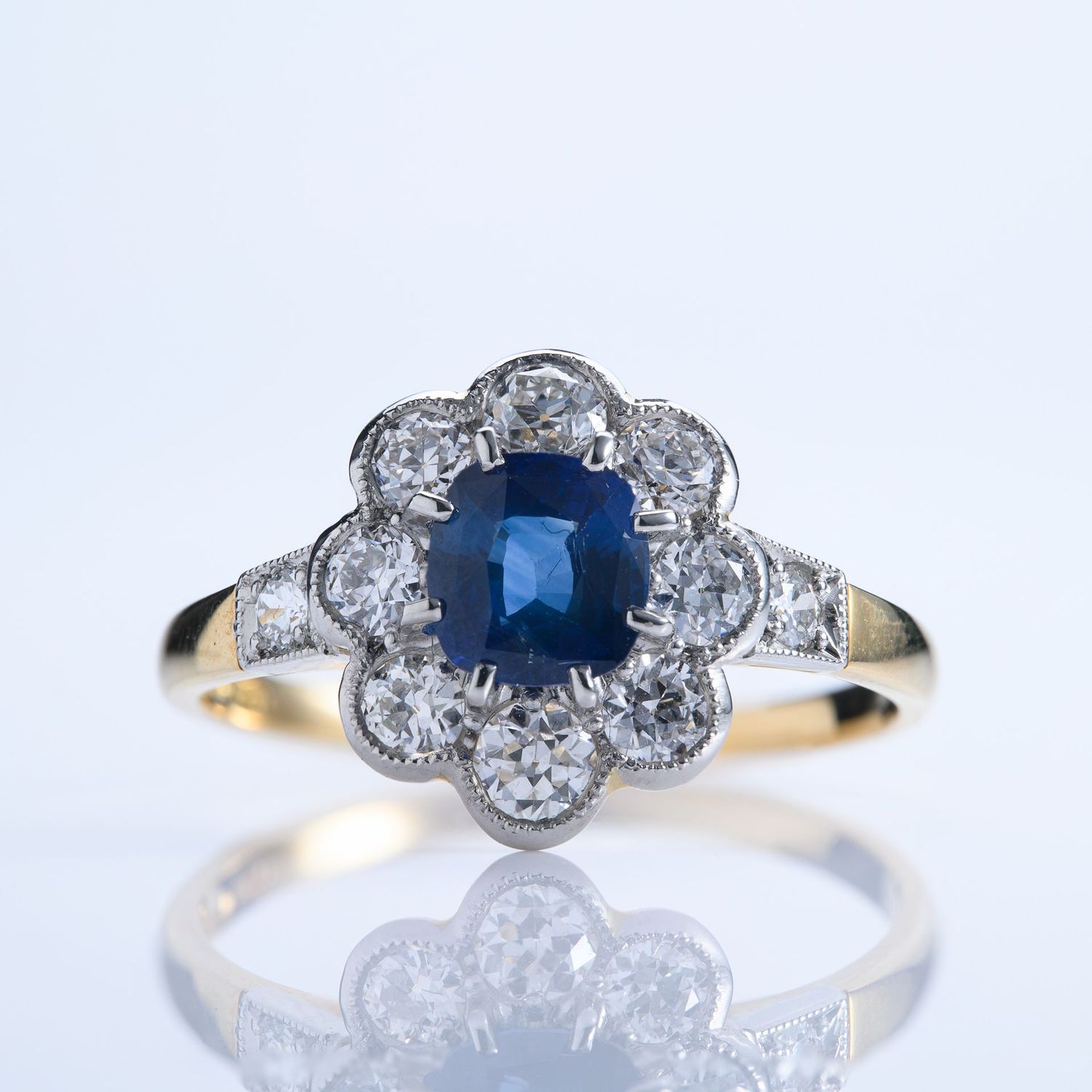 Pre-Loved 18ct Yellow Gold & Platinum Round Cut Sapphire & Diamond Cluster Ring