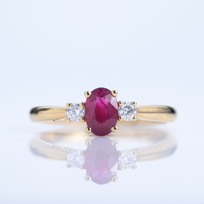 18ct Yellow Gold Oval Cut Ruby & Round Brilliant Cut Diamond Trilogy Ring