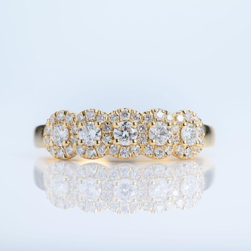 18ct Yellow Gold Round Brilliant Cut Diamond Halo Cluster Half Eternity Ring