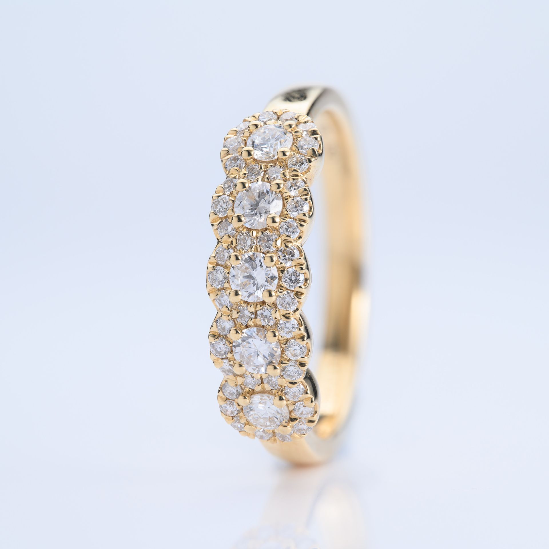 18ct Yellow Gold Round Brilliant Cut Diamond Halo Cluster Half Eternity Ring