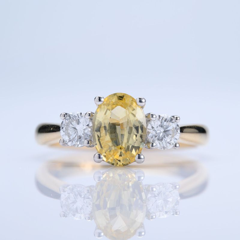 18ct Yellow Gold & Platinum Oval Cut Yellow Sapphire & Round Brilliant Cut Diamond Trilogy Ring