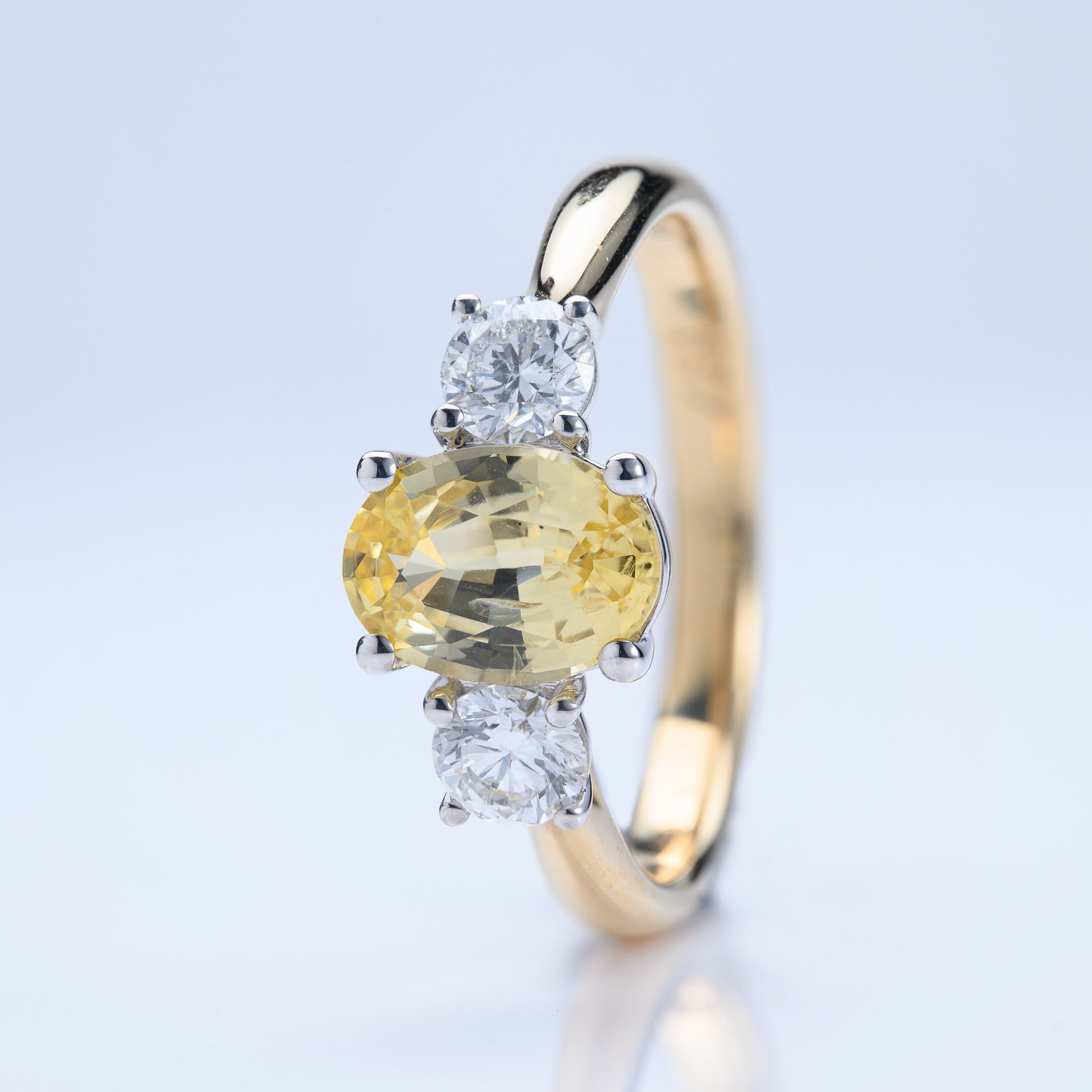 18ct Yellow Gold & Platinum Oval Cut Yellow Sapphire & Round Brilliant Cut Diamond Trilogy Ring
