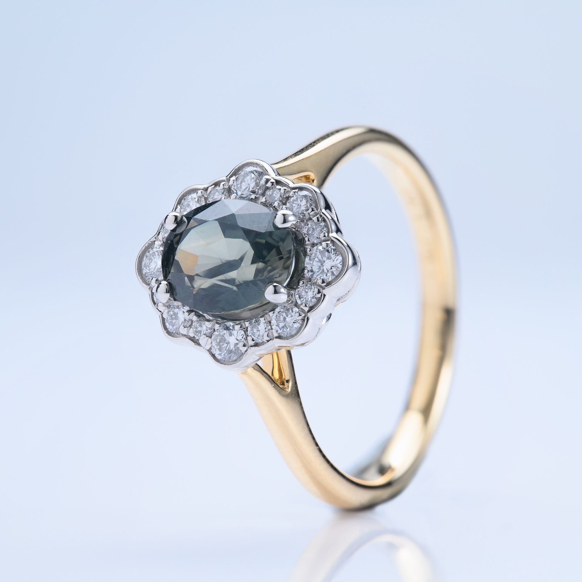 18ct Yellow Gold & Platinum Oval Cut Teal Sapphire & Round Brilliant Cut Diamond Cluster Ring