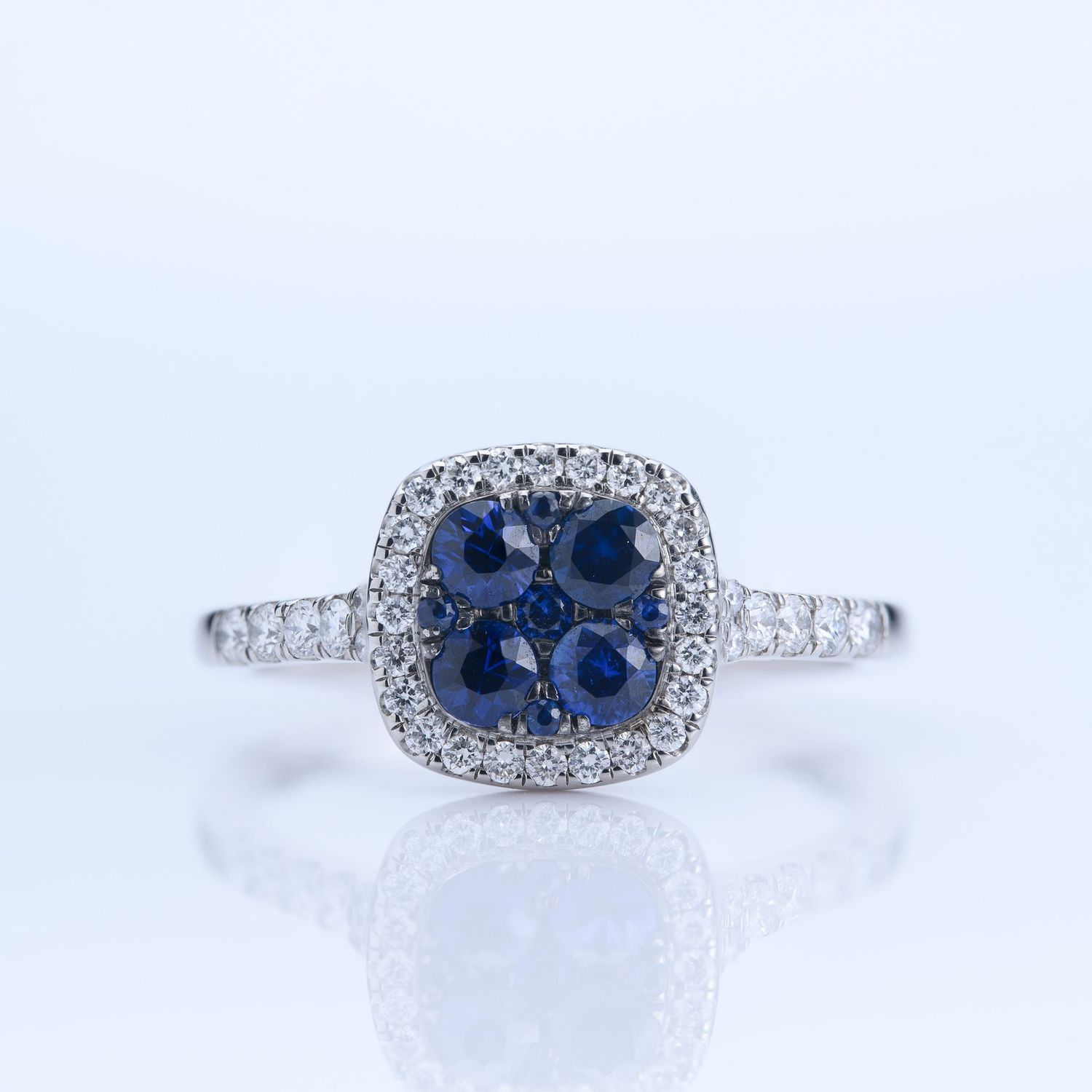 Platinum Round Cut Sapphire & Round Brilliant Cut Diamond Cushion Cluster Ring
