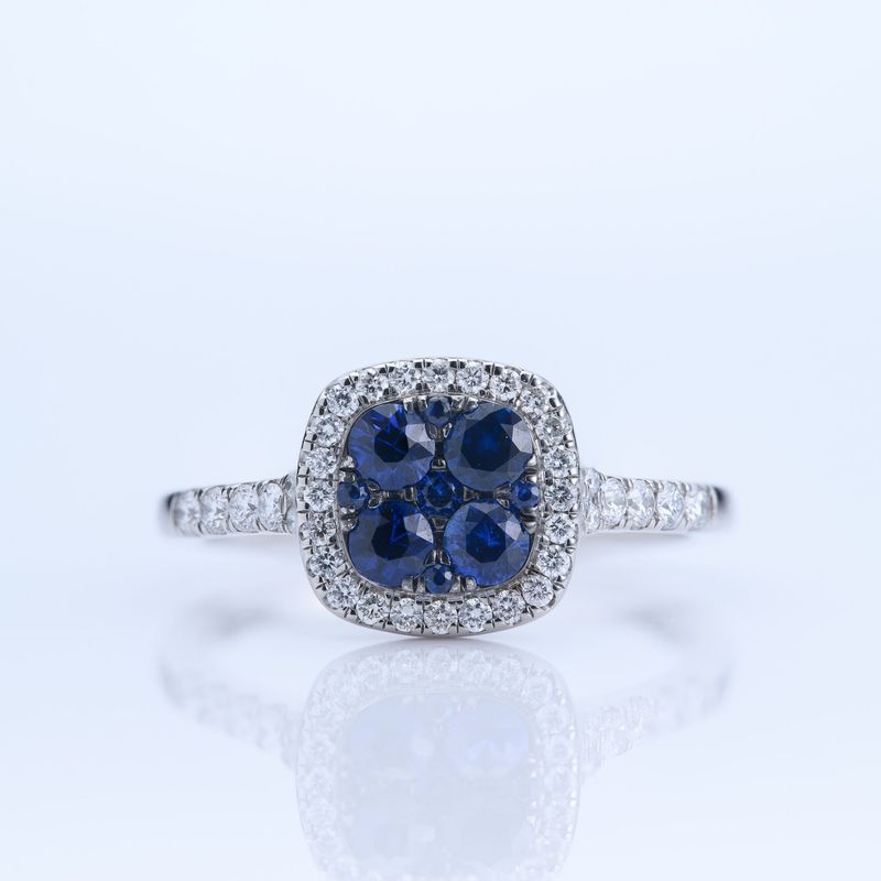 Platinum Round Cut Sapphire & Round Brilliant Cut Diamond Cushion Cluster Ring