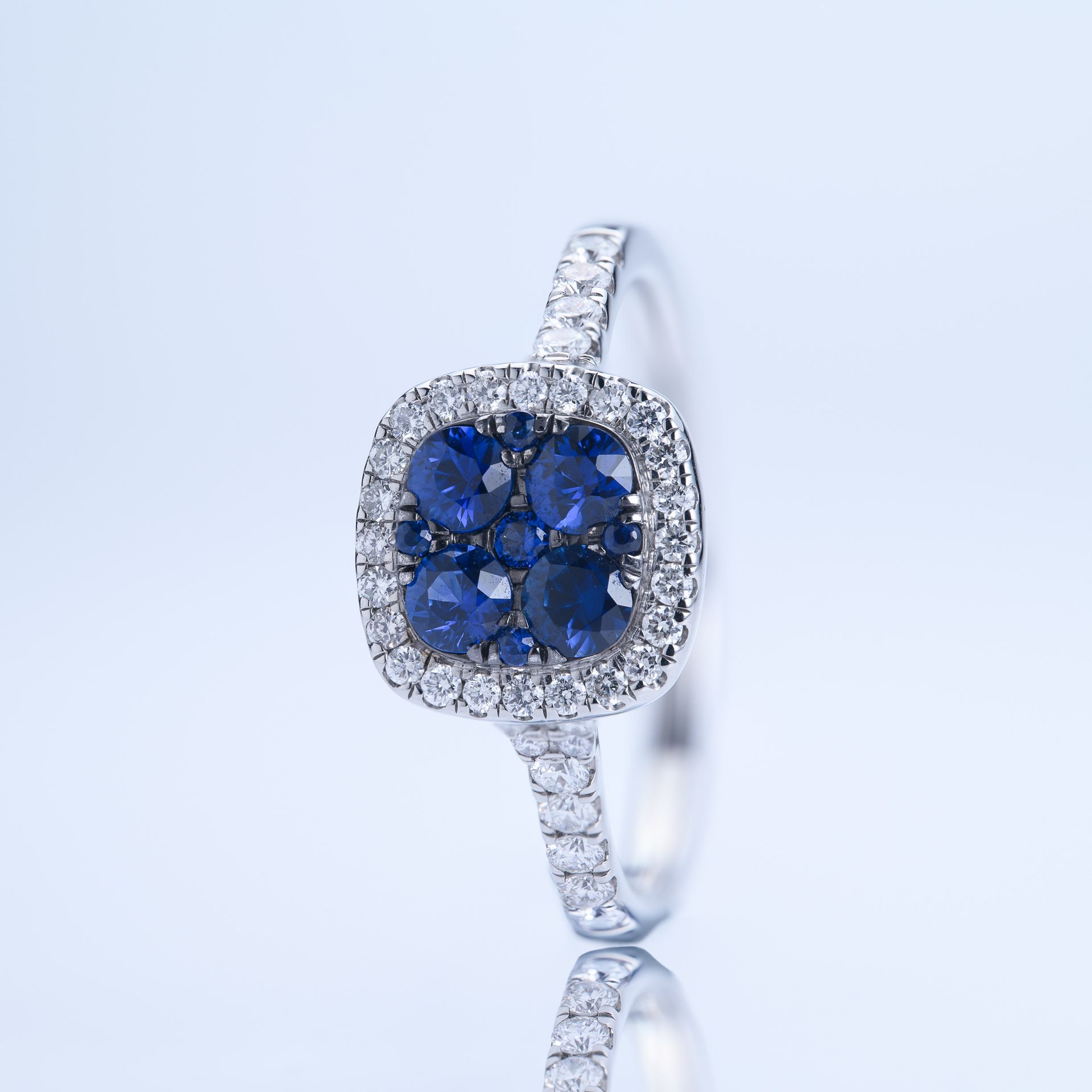 Platinum Round Cut Sapphire & Round Brilliant Cut Diamond Cushion Cluster Ring